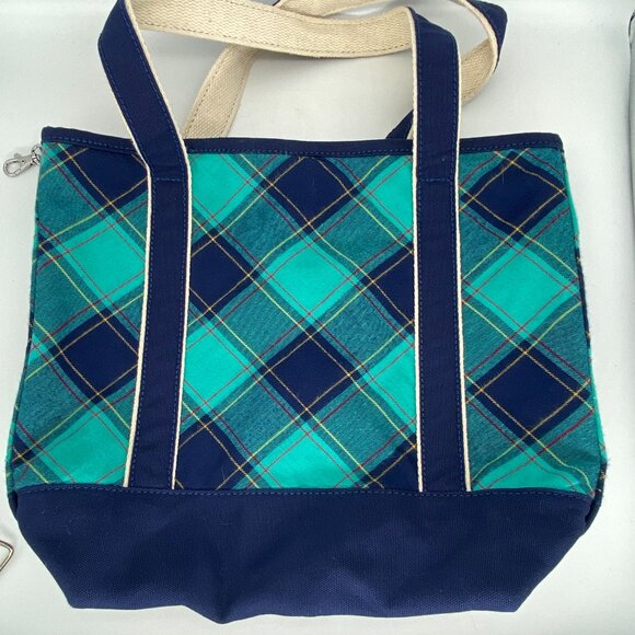 Lands End Plaid Tote Bag Canvas Open Top Seafoam Teal Green Blue 11 x 13 x 6 in - Picture 3 of 11